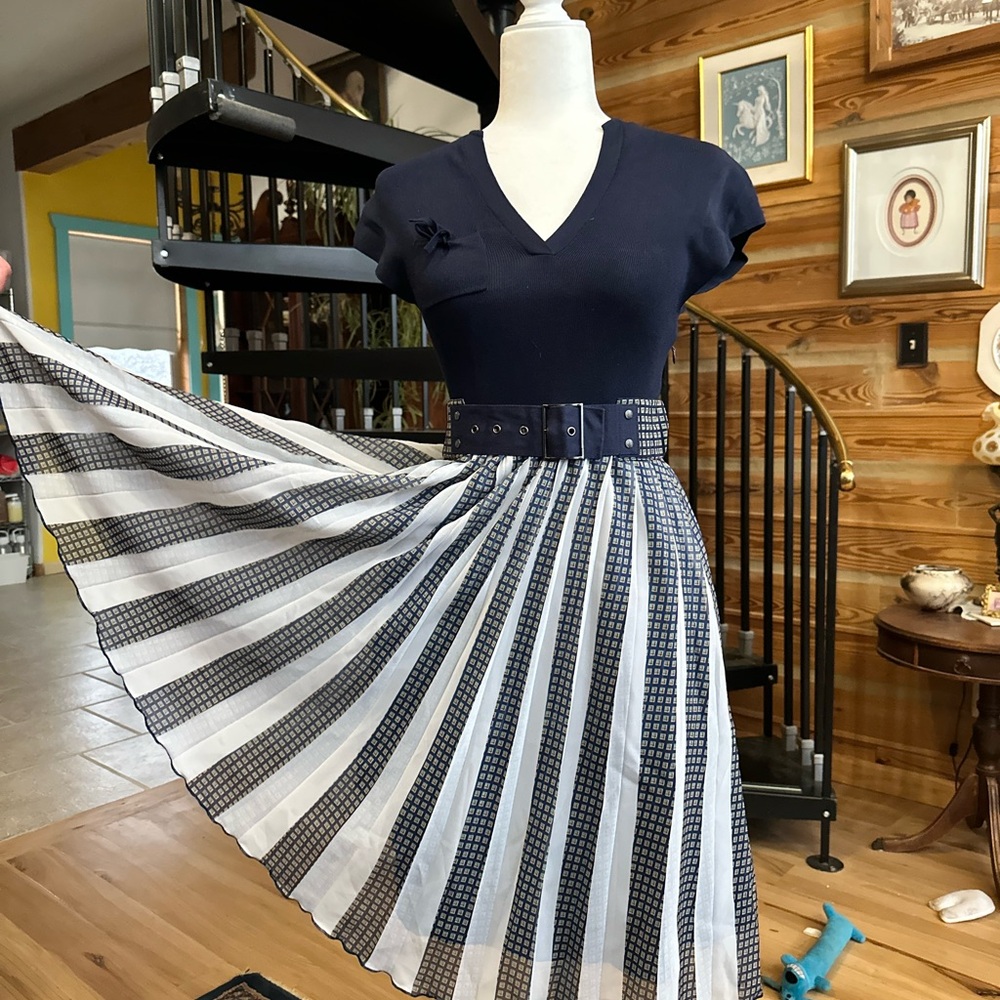 Adolfo Dominguez Navy and White Midi Dress